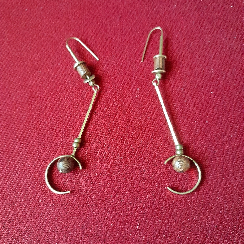 Long C Curve Earrings - Wood on Brass - Picture 2 of 4